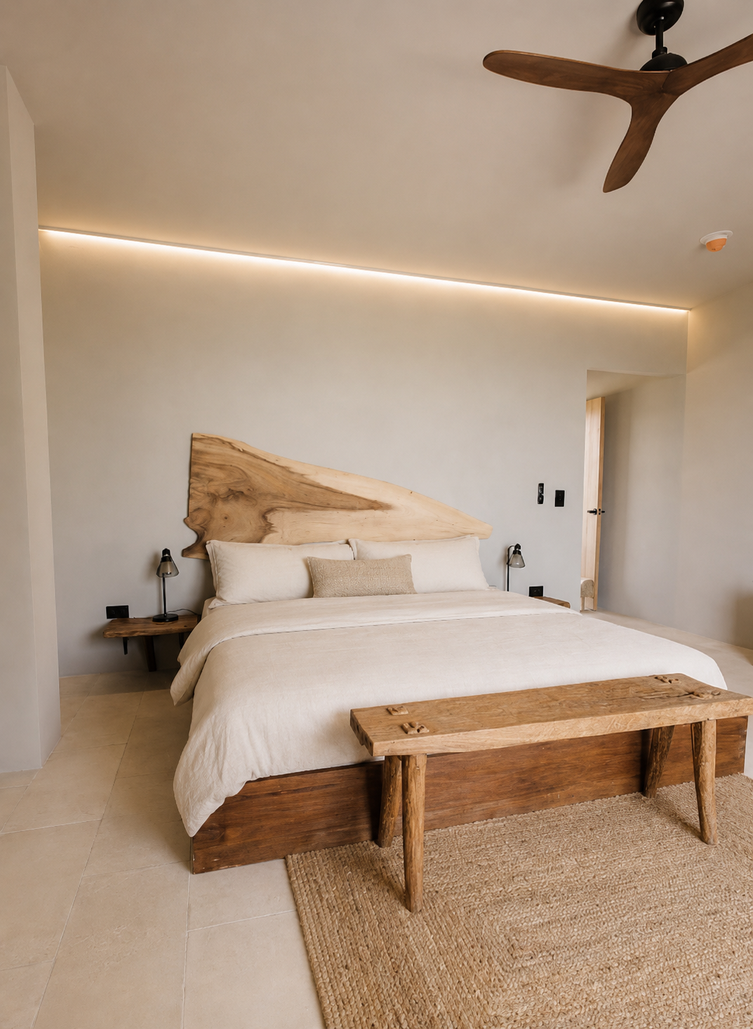 Primary ensuite bedroom with live-edge wood headboard