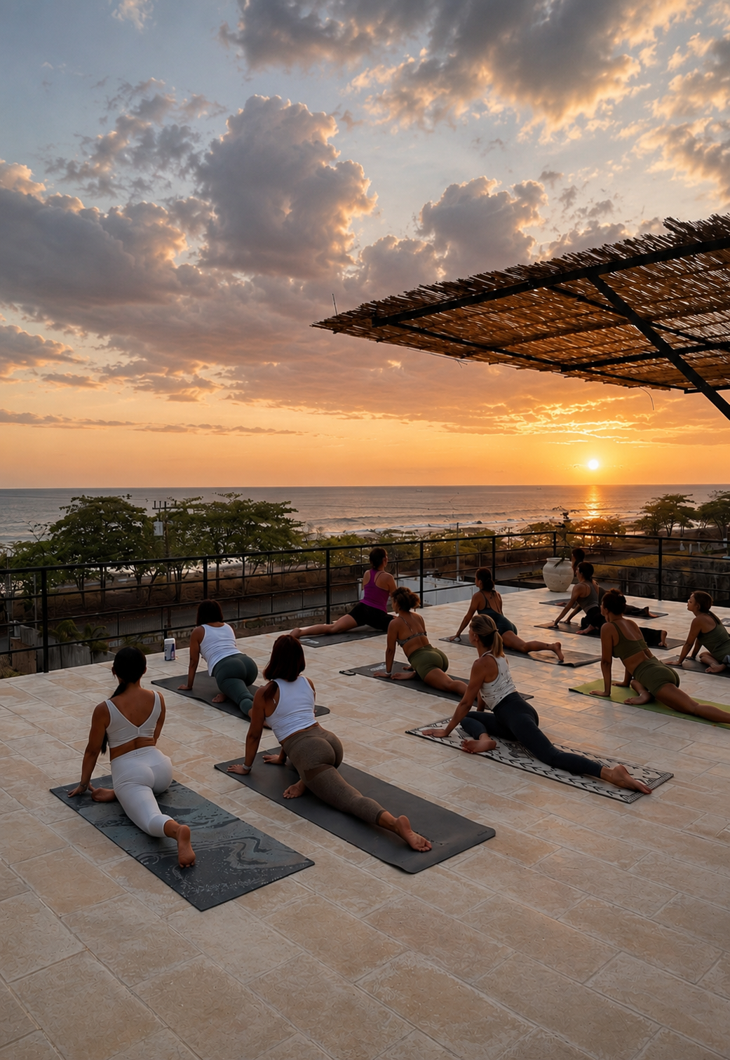 Rooftop yoga at sunset overlooking the ocean